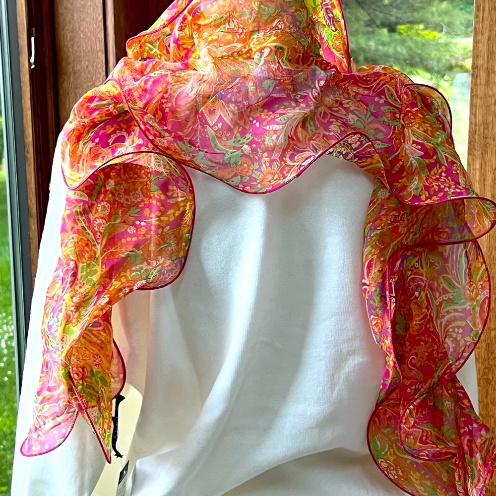 Bright Floral Pink & Orange Chiffon Scarf Wrap